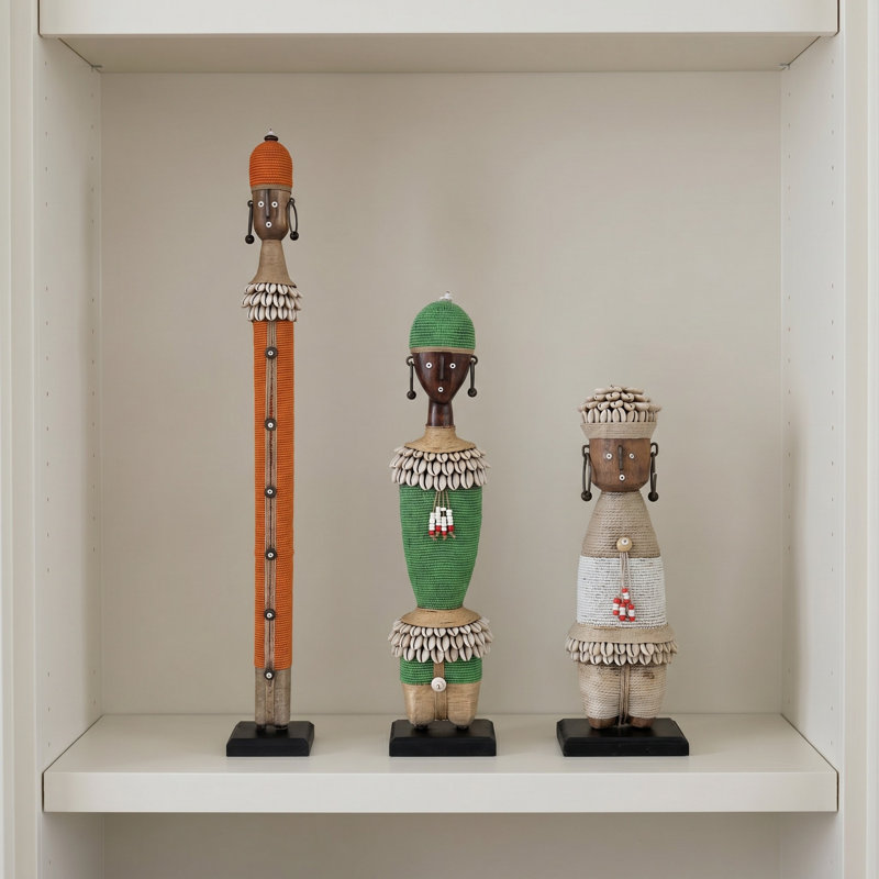 African Beaded Namji Doll, Small 11 in, Red, Beaded