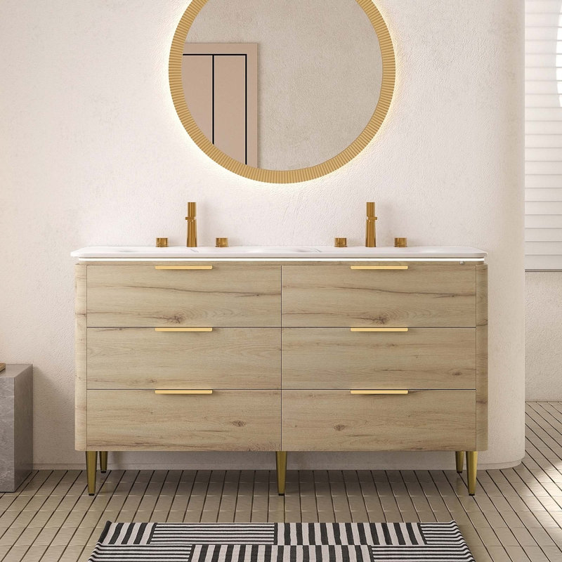 Meuble-lavabo autoportant avec éviers et 6 tiroirs spacieux, armoire en contreplaqué durable, comptoir en pierre frittée résistant à la chaleur