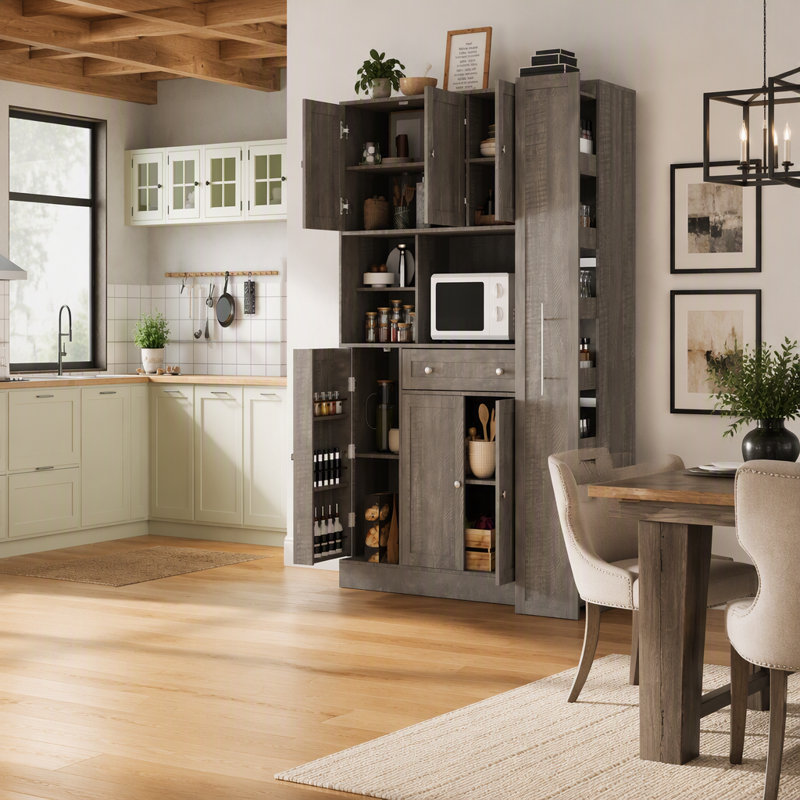 Buffet de 134 cm avec vaisselier et armoire latérale coulissante à roulettes pour cuisine, Gray, Silver