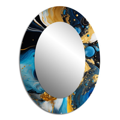 Sérénade de tourbillons I à encre liquide dorée et bleue abstraite - grand miroir mural ovale sur métal