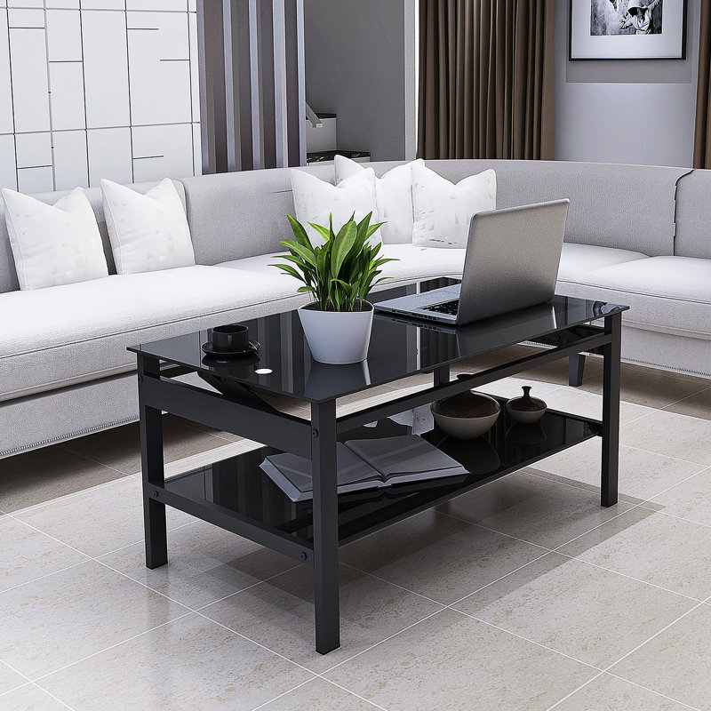 Table basse rectangulaire avec plateau en verre et tablette