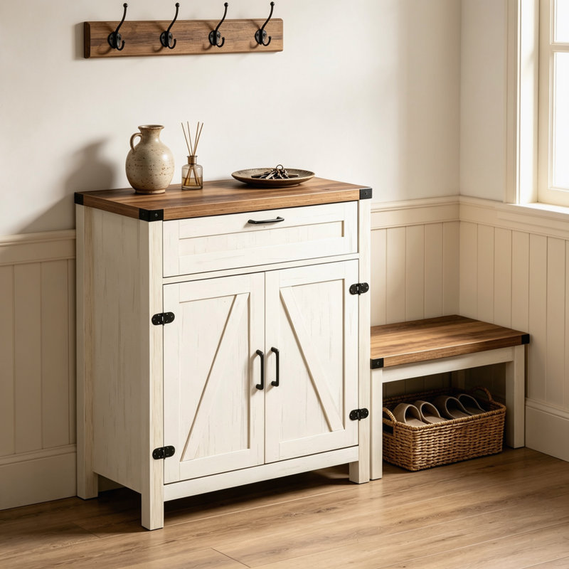 Buffet blanc moderne avec buffet, armoire de rangement rustique avec deux portes de grange et un tiroir pour la cuisine, la salle à manger et le salon