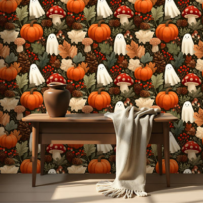 Papier peint à peler et coller avec feuilles de citrouille d'Halloween fantaisistes auto-adhésives et amovibles 17,7 po x 118 po (45 x 300 cm)