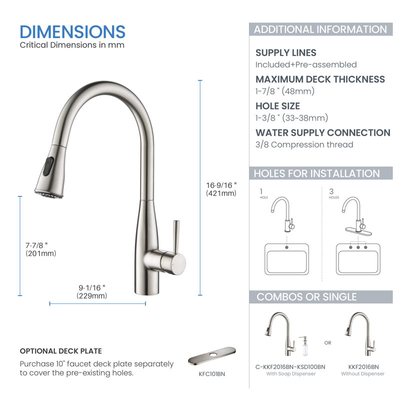 Bari-T Pull Down Single Handle Kitchen Faucet, Brushed Nickel
