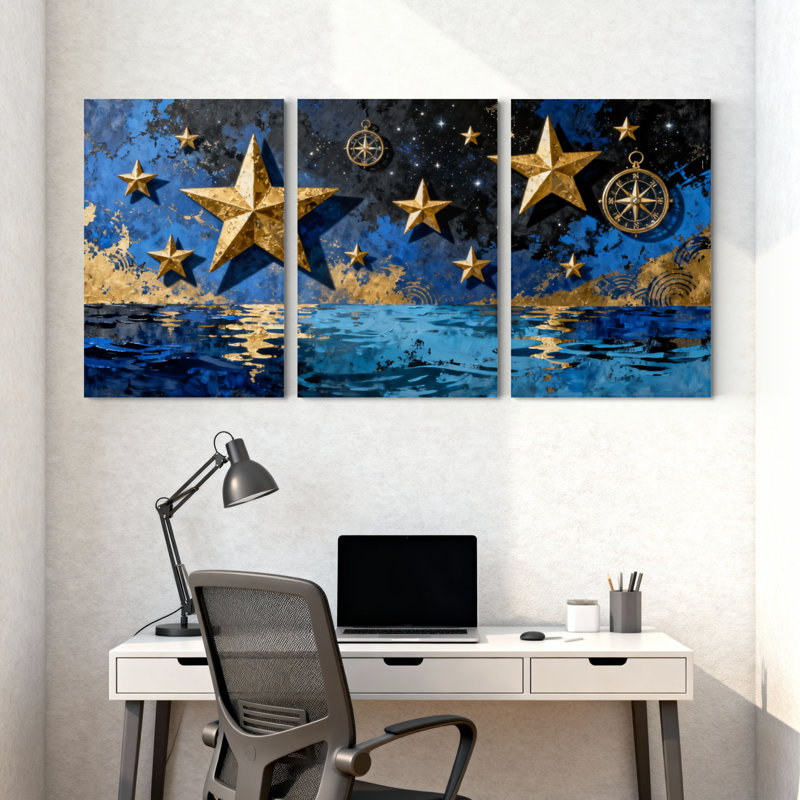 Ensemble d'étoiles dorées reflétant sur l'eau ciel nocturne, ensemble de 3 impressions sur toile, H 18 po x l 36 po