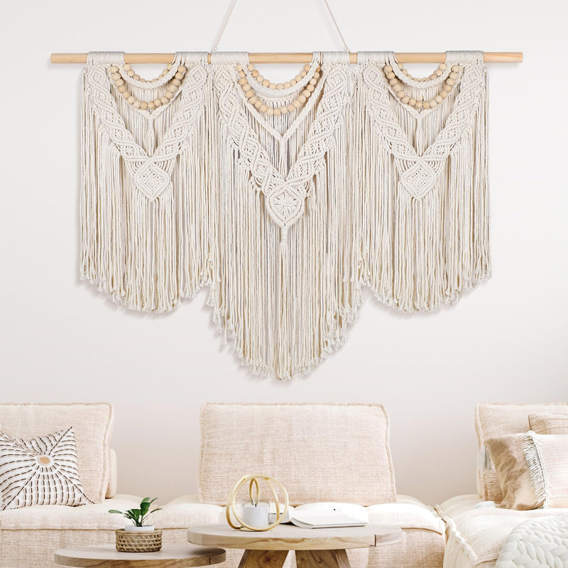43 po x 32 po grand macramé mural avec tige Boho Decor tissé tapisserie murale bohème décor pompon rideaux en macramé pour la maison salon mariage appartement décoration (style classique)