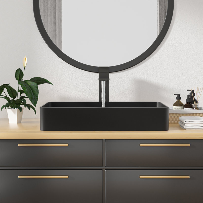 24" x 14" Vessel Sink, Black Rectangular Vitreous Ceramic Bathroom Sink, Above Counter Vanity Basin, Scratch & Heat Resistant, Easy to Clean