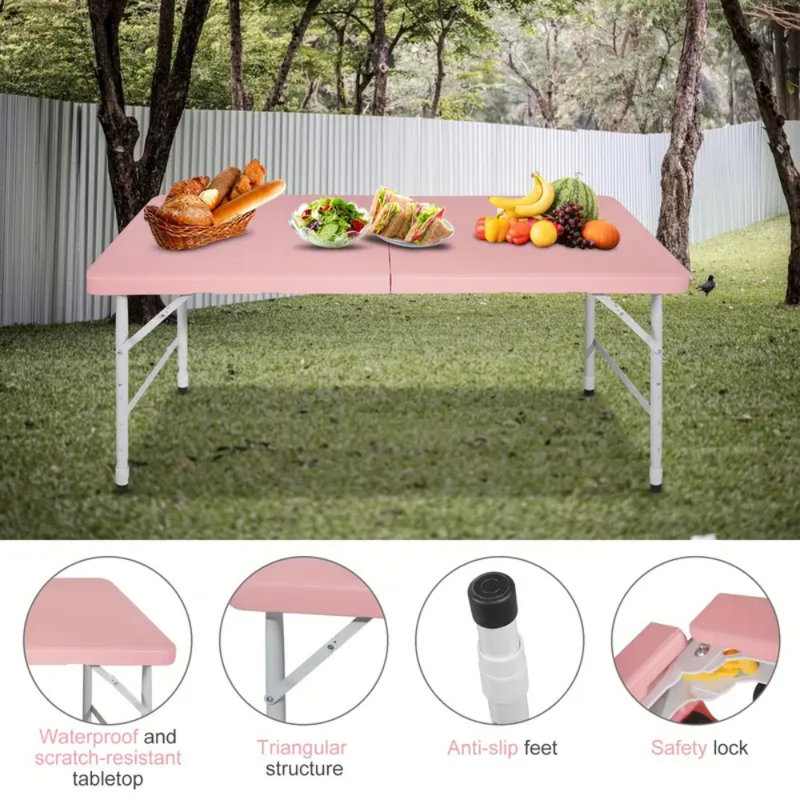Table pliante portative de 4 pieds, table pliante en plastique à hauteur réglable pliable en deux avec poignée de transport pour le camping et la fête intérieur / extérieur