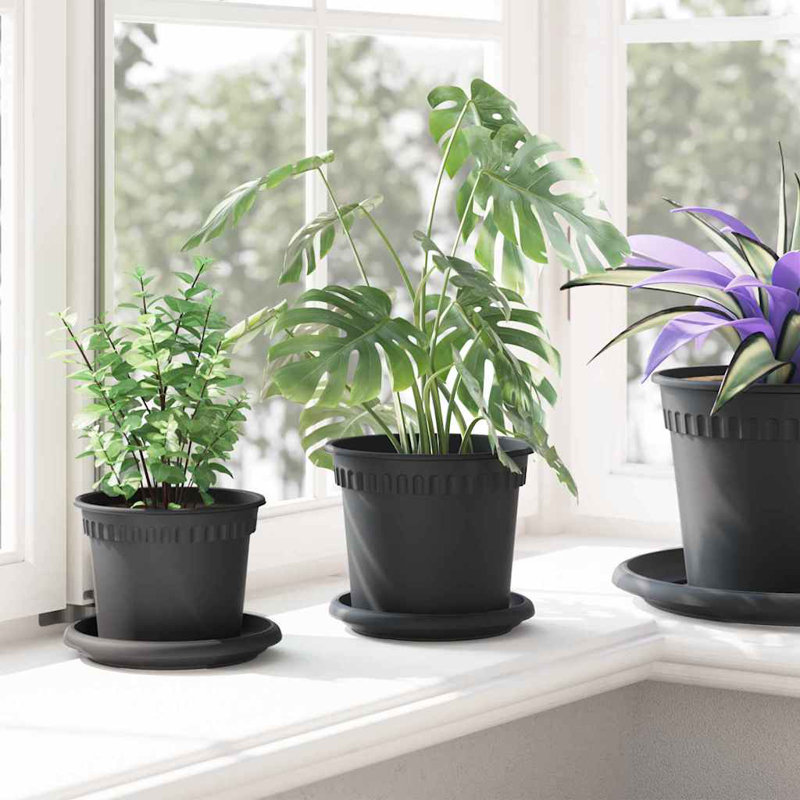Round Flower Pot 6 Pcs Plastic, 12cm H x 15cm W x 15cm D, Black