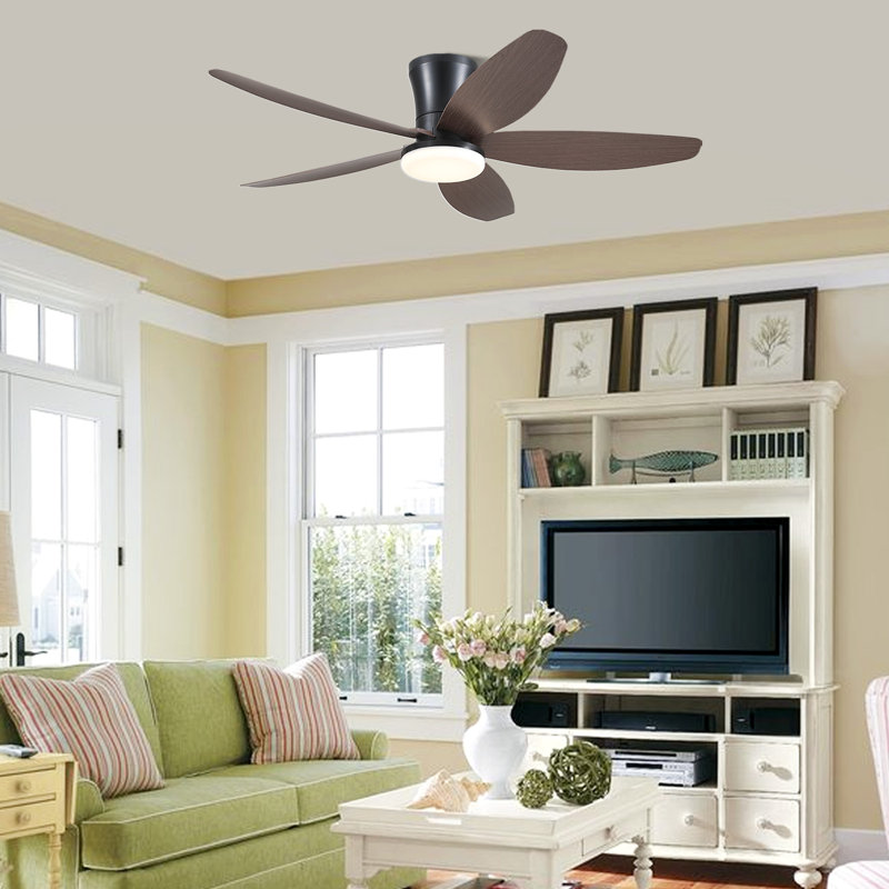 Flush Mount Ceiling Fan With Light And Remote, 42" Wide, Brown with Black Blades