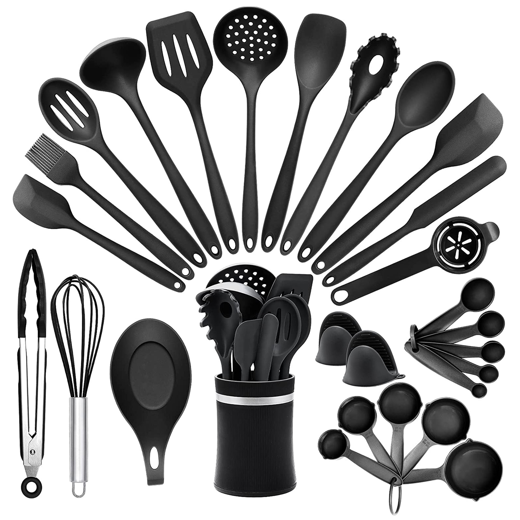 Silicone Cooking Utensils Kitchen Utensil Set, 21 PCS Wooden Handle  Nontoxic BPA Free Silicone Spoon Spatula Turner Tongs Kitchen Gadgets Utensil  Set for Nonstick Cookware with Holder