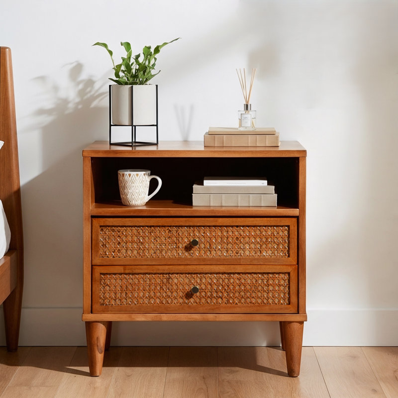 Ingraham 23.6" W Mid-Century Modern Solid Wood Cane 2-Drawer Nightstand & Open Shelf, Brown