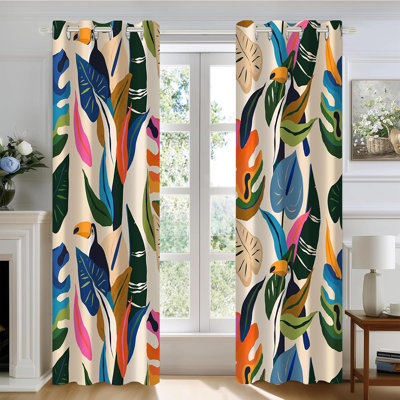 Colorful Tropical Abstract Blackout Curtains, Boho Jungle Floral & Toucan Print, Grommet Drapes For Bedroom & Living Room, 2 Panels