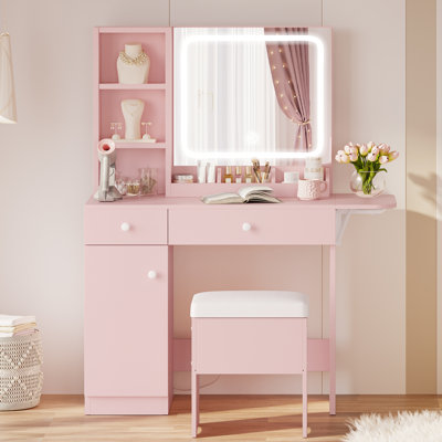Makeup Vanity Desk with LED Lighted Mirror & Power Outlet & 7 Drawers