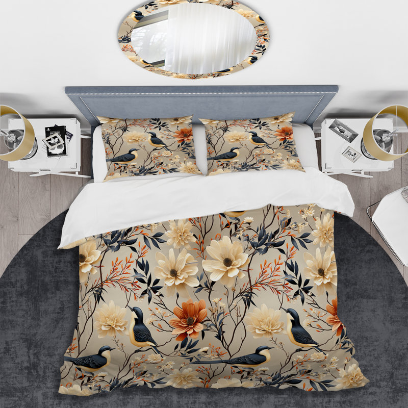 Ensemble de housse de couette à motif floral beige avec oiseaux sur une branche