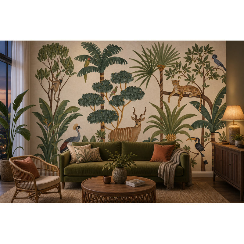 Papier peint botanique rétro avec motif de jungle tropicale, 120"x96", Peel and Stick