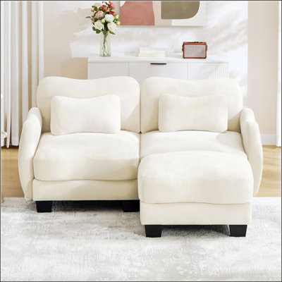 Chenille Supportive L-Shaped Loveseat Sofa with Delicate Waist Pillow, Ergonomic Curve Design, Movable Ottoman, Easy Assembly for Living Room, Beige