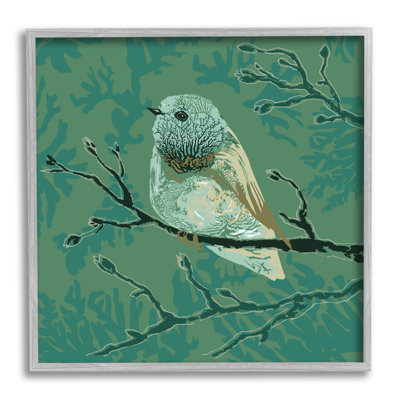 Oiseau vert perché avec détails de branches botaniques abstraites par Verbrugge WaterColoured - cadre flottant, impression sur toile