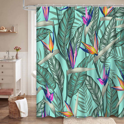 Waterproof Jungle Floral Tropical Paradise Shower Curtain with 12 Hooks
