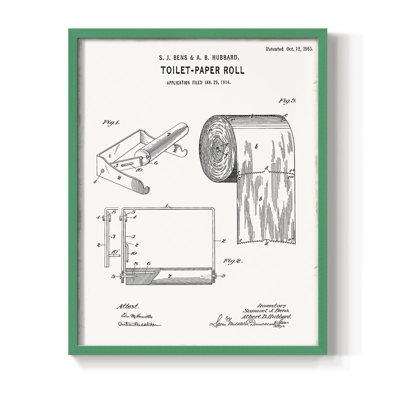 Papier hygiénique, brevet I, reproduction encadrée - bois massif, Cadre simple vert, H 10 po x l 8 po