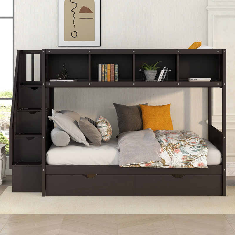Gurutz Twin over Full 5 Drawer Standard Bunk Bed with Shelves by Harriet Bee, Espresso