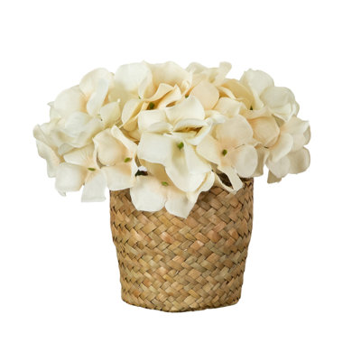 7in. Artificial Cream Hydrangea Arrangement in Woven Basket
