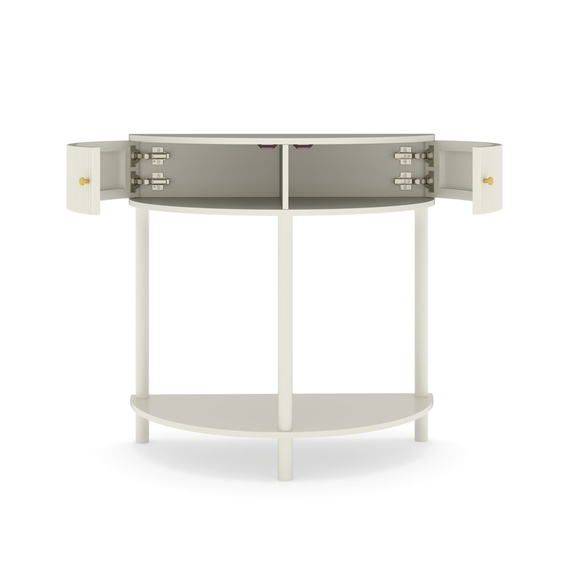 Console de demi-lune artisanale à motif ondulé et fini blanc crème, table d'appoint au design unique en forme de demi-lune avec 2 tiroirs de rangement et une étagère inférieure, idéale pour le salon, la chambre, le bureau ou le couloir.