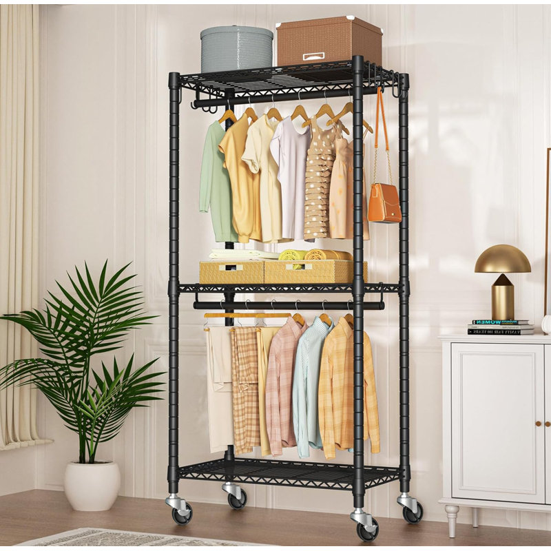 Black Portable Wire Closet System with Wheels, 23.6'' W x 14'' D x 74.5'' H