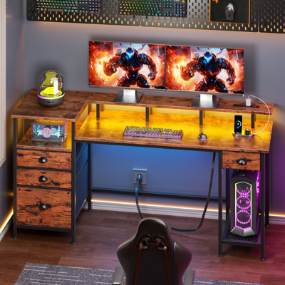 Bureau d'ordinateur avec lumières à DEL et prises de courant, bureau de jeu avec support pour écran, bureau d'écriture pour bureau personnel avec 3 classeurs en tissu et 1 classeur en tissu