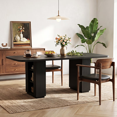 Modern Fluted Pedestal Base 71" 6-Seater Rectangular Extendable Dining Table,  Kitchen Table with Butterfly Leaf