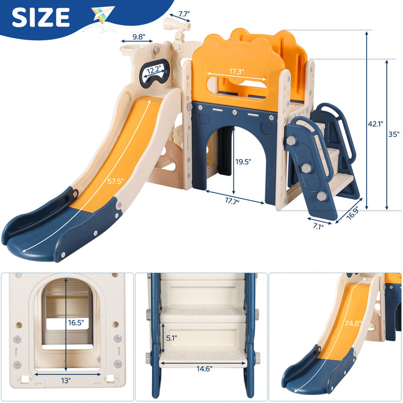 8 in 1 Large Toddler Slide w/Long Slope, Enclosed Steps, Telescope, Basketball Hoop, Tunnel, Blue/Yellow