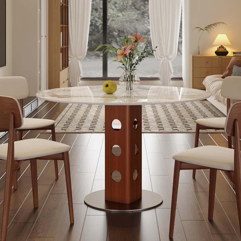 Mid-Century Dining Table For 4-6 People With Round Table Top, Pedestal Dining Table, End Table Leisure Coffee Table, Brown