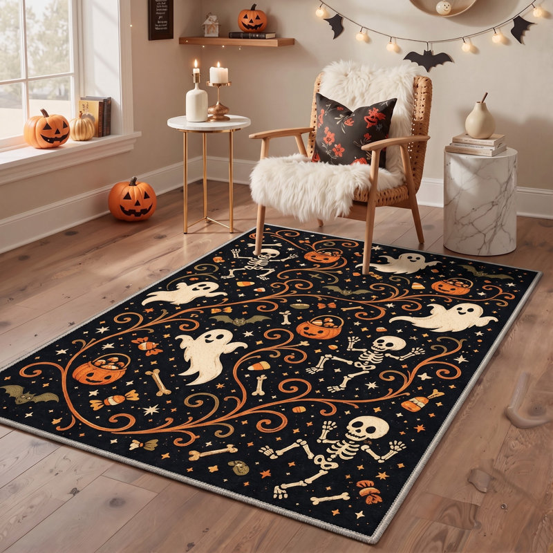 Tapis d'Halloween Spooky Icon, noir / orange, lavable à la machine, à poils courts, antidérapant, Rond 5 pi