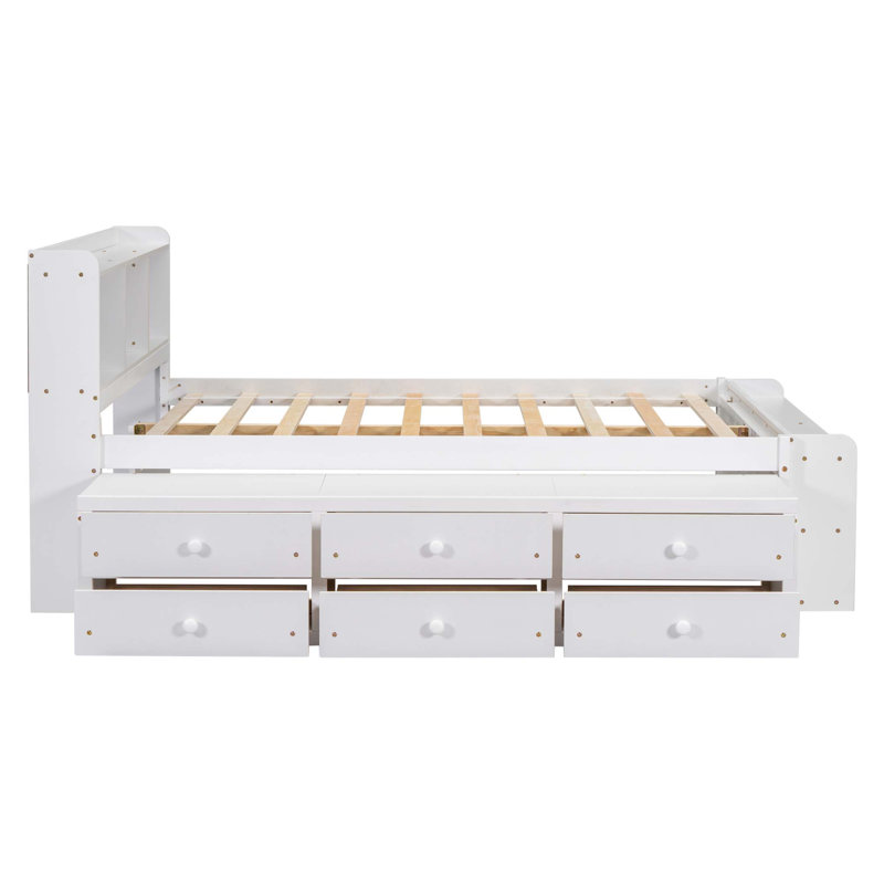 Lit avec tête de lit bibliothèque, tiroirs de rangement sous le lit et étui de rangement pour la vie moderne, Blanc