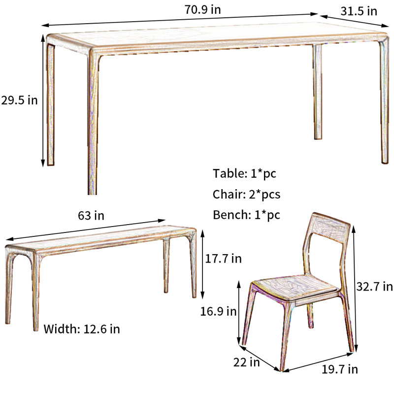 Ensemble de table de salle à manger en noyer noir, H 29,5 po x L 70,9 po x l 31,5 po