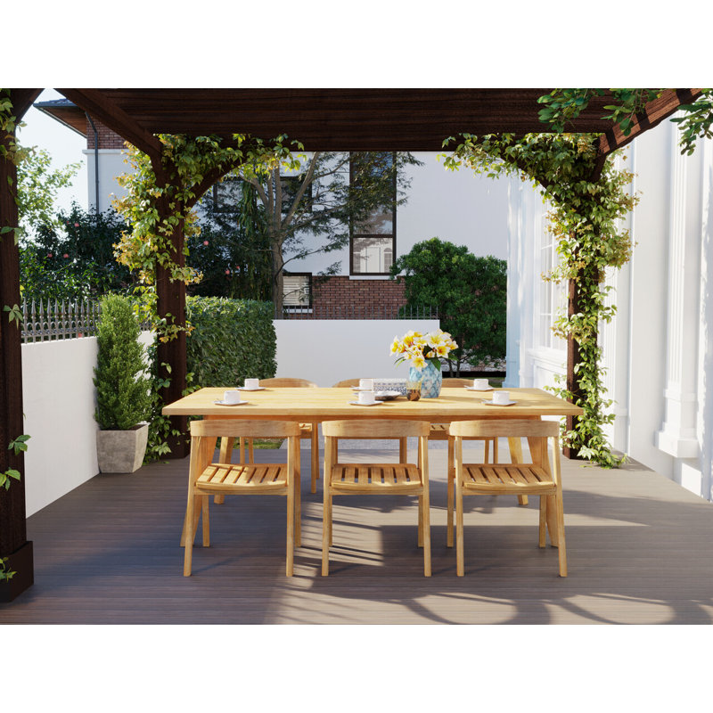 Lechair 7-Piece Rectangular Teak Outdoor Dining Set with Barrel Back Armchairs