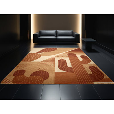 Machine Washable Parrilla Prickly Pear Global Inspired Geometric Rug in Brown – LightBrown Binding