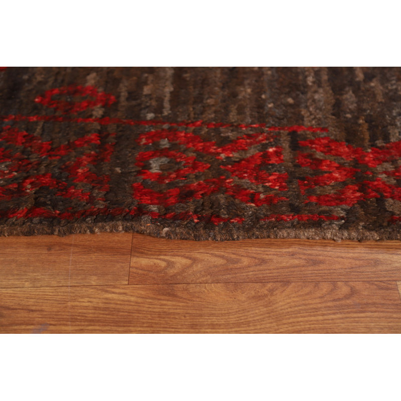 Tapis rouge / brun en laine noué à la main de conception unique 6 pi 7 po x 9 pi 11 po New Age