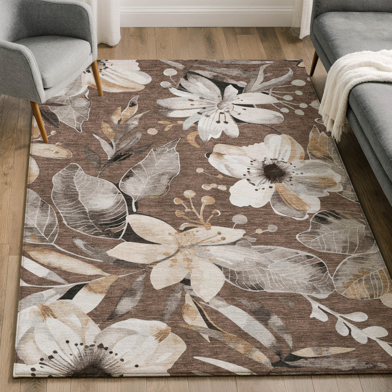 Tapis floral lavable à la machine de qualité supérieure Mayfield AMF2260, Chocolat, 9 pi x 12 pi