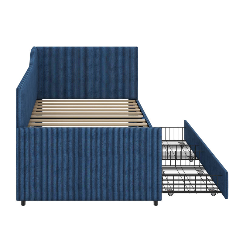 Twin Size Bed Frame Corduroy Upholstered Bed Frame With 2 Storage Drawers, Blue