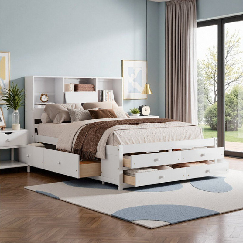 Queen Size Platform Bed with Storage Headboard & 8 Drawers - White, Solid Wood & MDF Frame, No Box Spring Needed
