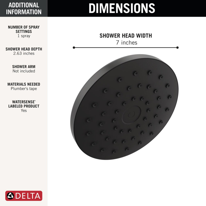 PivotPro Rain Showerhead, Single Setting 7 Inch Round Shower Head Matte Black, Matte Black