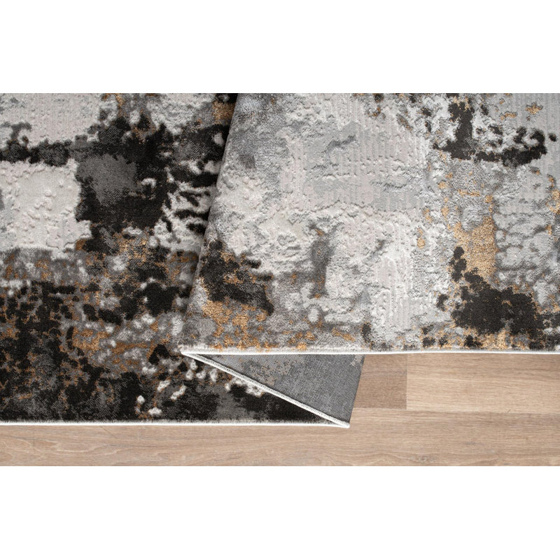  Tapis de chambre à coucher moderne abstrait 4 x 6 pi | Gris anthracite / beige / ivoire, Rectangle 4pi x 6 pi