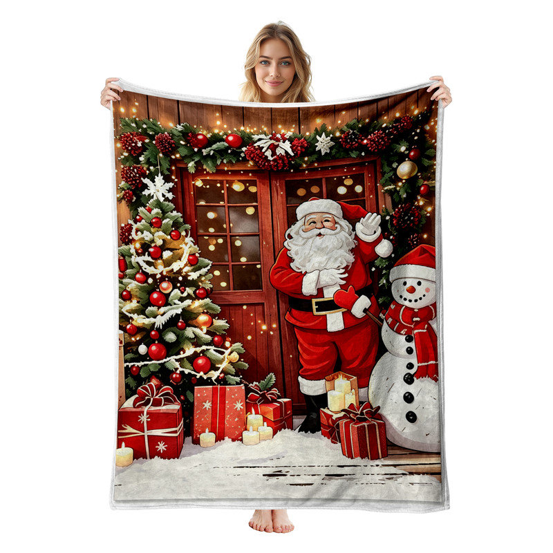 Plaid de Noël en flanelle polaire JYK, léger, respirant, doux et chaud en microfibre pelucheuse, 102 x 127 cm, motif porte du Père Noël