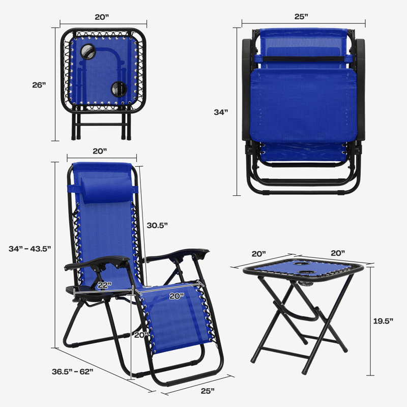 Zero Gravity Chairs With Table, Folding Recliner Outdoor Lounge Chairs With Headrest and Cup Holder (Set of 3), Blue