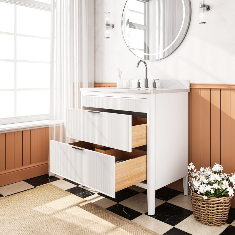 Meuble-lavabo autoportant blanc 36 po avec comptoir en marbre d'ingénierie, bois d'hévéa massif, tiroirs à fermeture en douceur, joints, finition imperméable, 35,1 po de profondeur, 22,01 po de largeur, 36,42 po de hauteur, 159 po