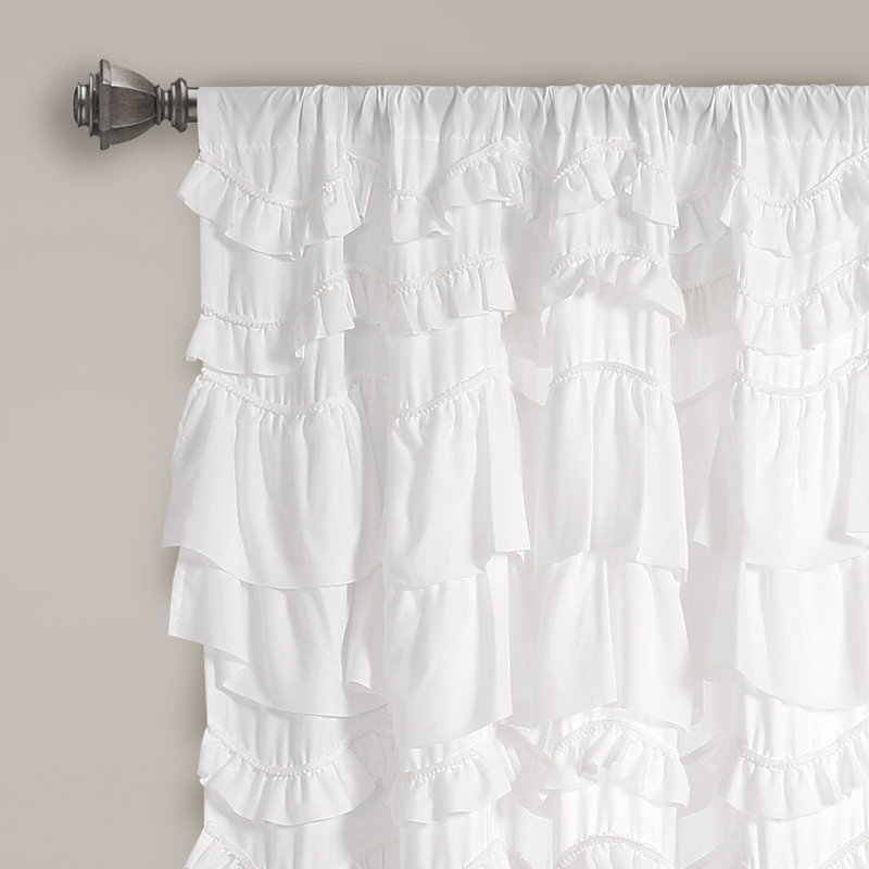 White Ruffled Polyester Rod Pocket Curtain Panel for Kids