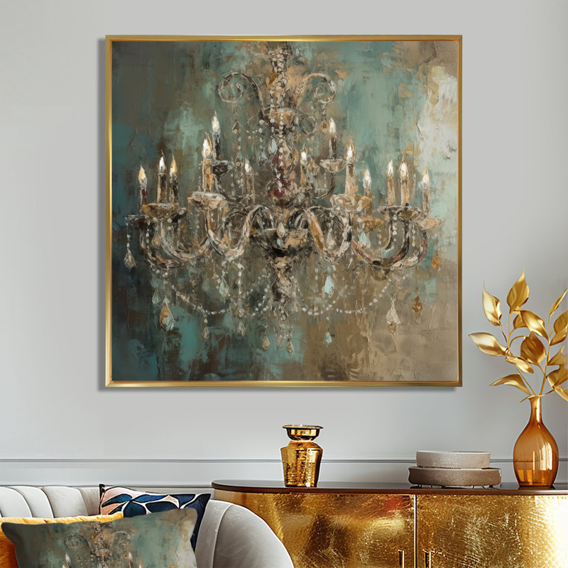 Pérou, grand lustre Showcase III - lustre tendance, art mural, Reproduction avec cadre flottant, Doré, 44" H x 44" W