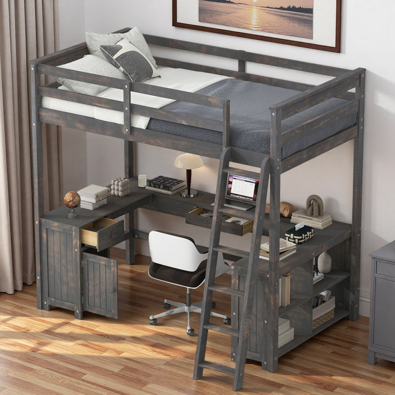Lit mezzanine avec bureau en U, tiroirs, tablettes de rangement et armoire, Brun antique