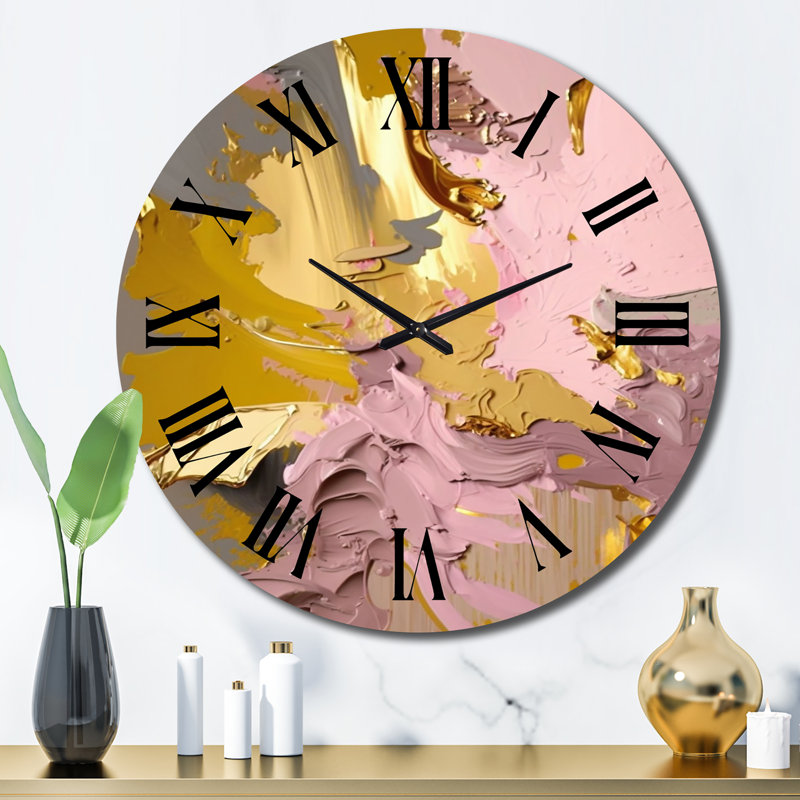 Retro Pink and Vintage Gold Bliss I - Abstract Collages Wall Clock, Large